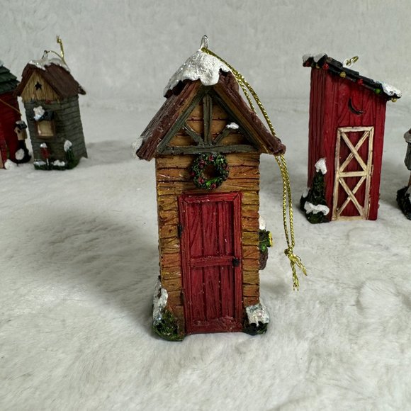 Set of 6 Christmas hanging ornaments Outhouses Resin 3 1/2" tall different style - Picture 7 of 12